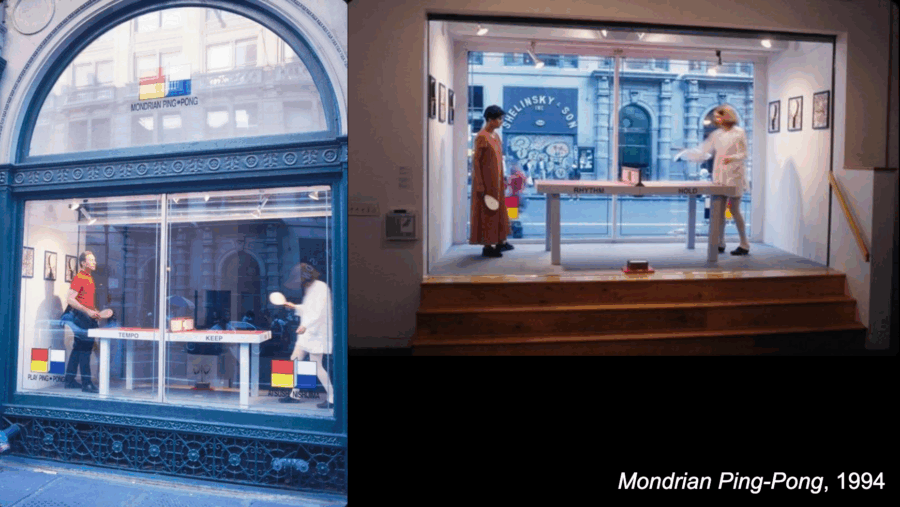 Two photographs of an installation titled Mondrian Ping-Pong (1994), showing people playing table tennis in a storefront window display inspired by Piet Mondrian’s geometric color scheme.